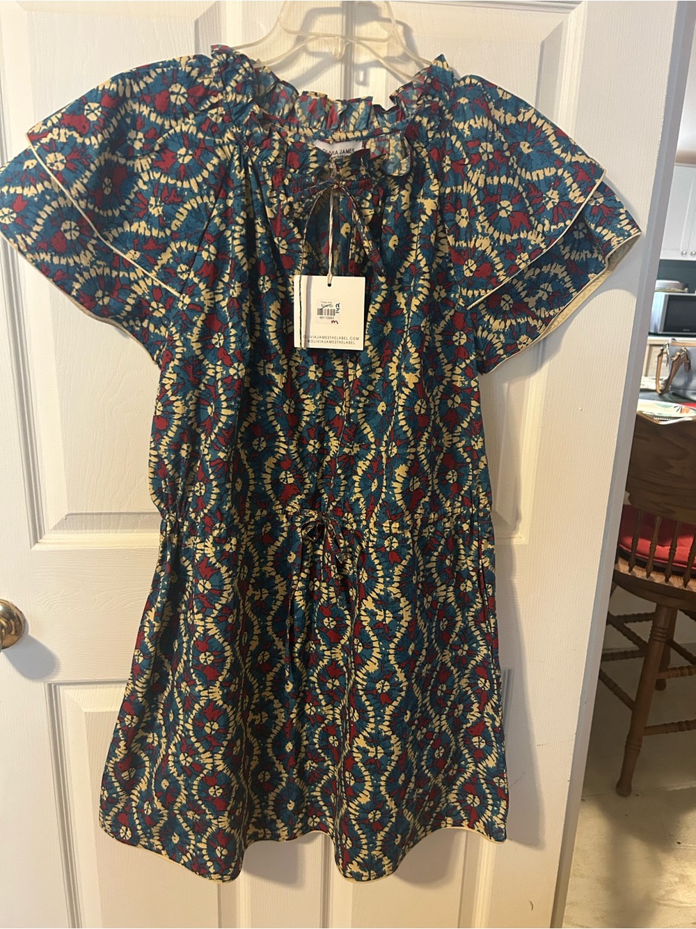 Printed Tie-Waist Mini Dress in Teal and Red - Lightweight Summer Style